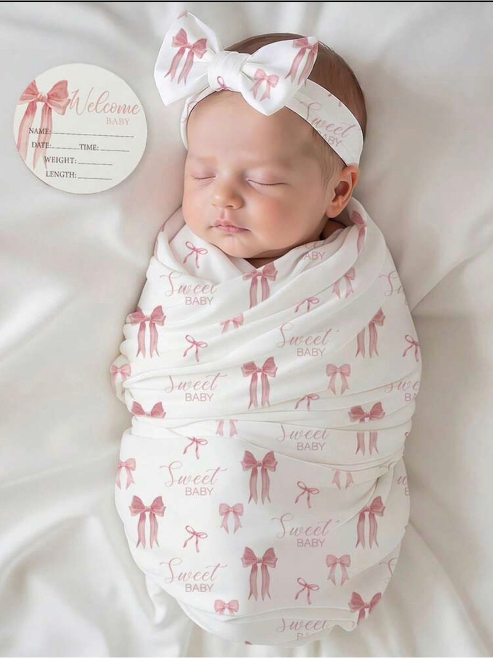 Sweet Baby Pink Bow Swaddle Set with Headband and Card